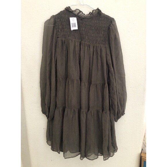 En Saison Smocked Tiered Mini Dress Brown Long Sleeve Sheer Boho Chic Size Small - Picture 9 of 9